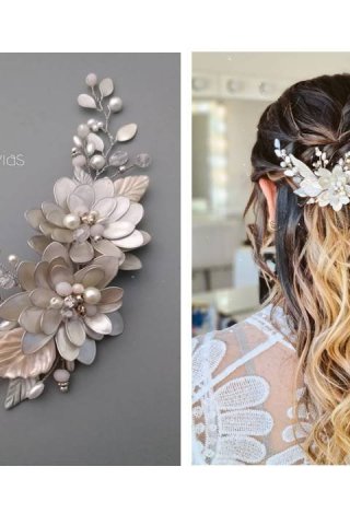 Tocado Berna XL : Bouquet Floral de Porcelana, Cristal y Perlas 