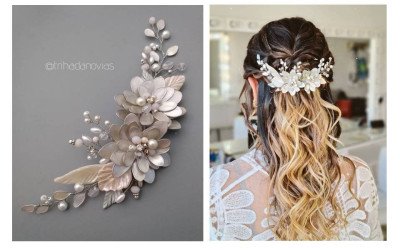 Tocado Berna XL : Bouquet Floral de Porcelana, Cristal y Perlas para Novias y Eventos