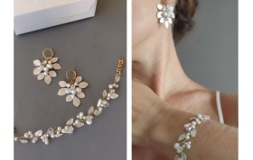 Conjunto Aros y Pulsera de Hojitas Nacaradas con Perlas
