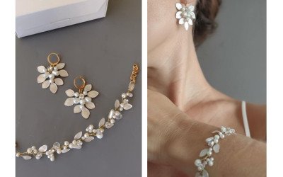 Conjunto Aros y Pulsera de Hojitas Nacaradas con Perlas