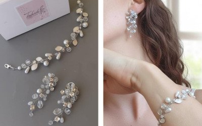 Conjunto de Joyas para Novias: Aros Cascada de Perlas y Pulsera Hojitas de Nácar | 