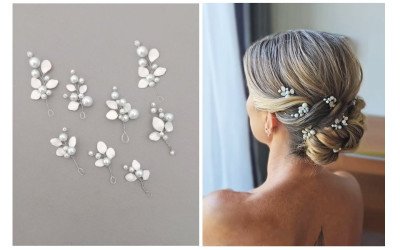 Pins de Perlas y Hojas Nacaradas para Novias: Tocados Trihada